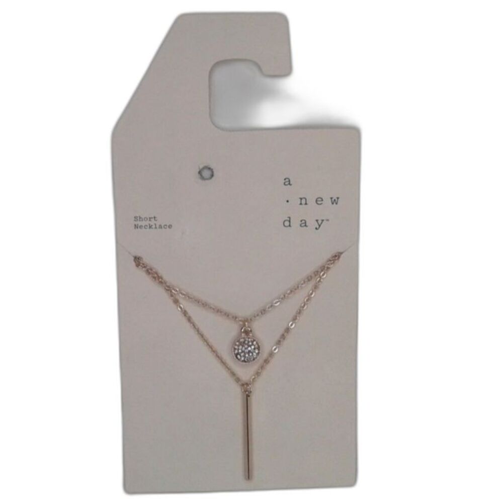 a new day Rose Gold Cubic Zirconia Pendant Bar Double Layer Necklace - NEW